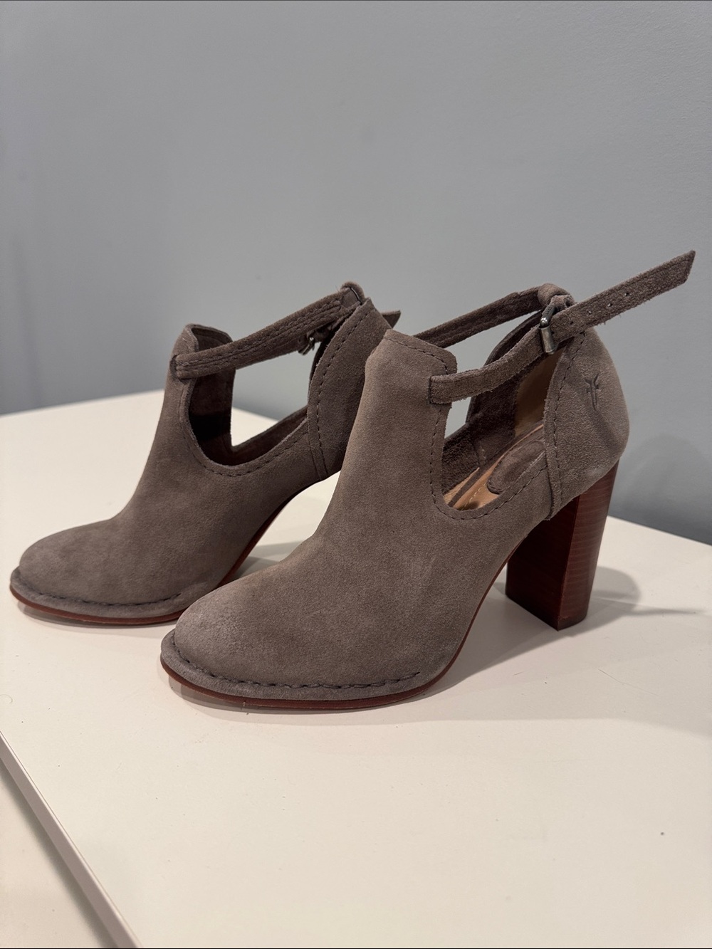 Frye Gray Suede T-Strap Block Heel Booties